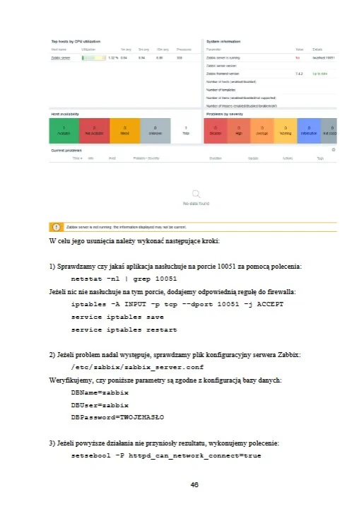 Strona 46 książki: diagnoza, gdy Zabbix server nie działa