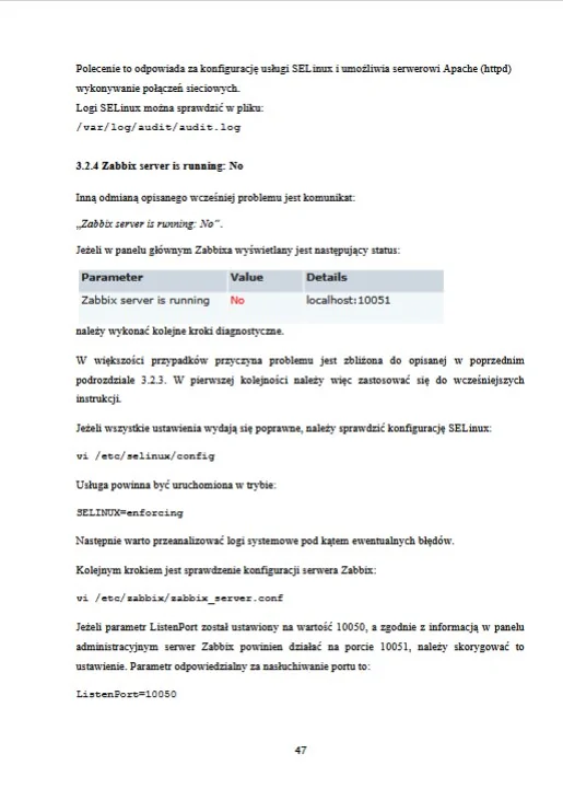 Strona 47 książki: komunikat Zabbix server is running: No
